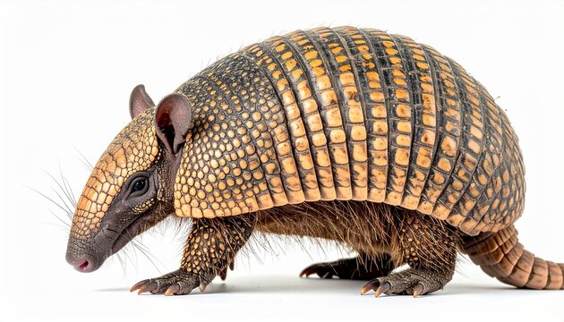 Armadillo with armored shell small legs pointed snout unique wild mammal animal isolated on white background
