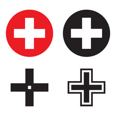 Fototapeta premium Medical cross symbol set, red and black healthcare cross icons, outline and solid style emergency signs for hospital, pharmacy and first aid design