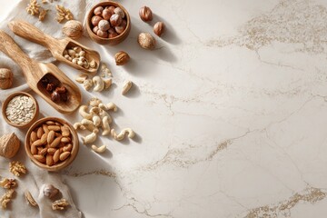 Assorted nuts arrangement featuring almonds, cashews, hazelnuts, and walnuts on a marble background, complemented by wooden spoons and a linen cloth, offering a rustic and wholesome feel.