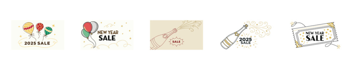 New Year 2025 Sale Balloons Champagne Bottle Ticket Graphics vector