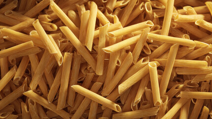 Dry uncooked pasta noodles forming a textured food background