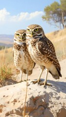 Fototapeta premium Two owls perched on a sand dune