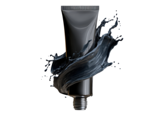 Black charcoal mask tube with dark liquid splash image, Isolated On Png Transparent Background