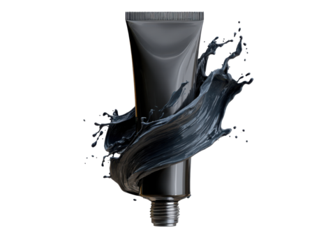 Black charcoal mask tube with dark liquid splash image, Isolated On Png Transparent Background