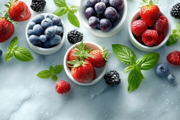Overhead view of various fresh berries and basil leaves arranged on a textured blue surface, showcasing the vibrant colors and textures of healthy ingredients.