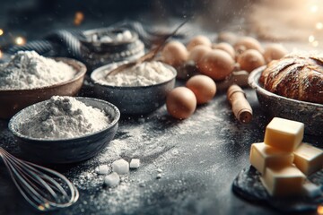 A rustic baking scene showcases bowls of flour, fresh eggs, cubed butter and a loaf of bread, creating a warm and inviting atmosphere perfect for culinary creations.