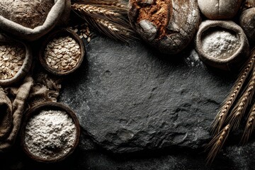 Rustic bakery display featuring fresh bread, grains and flour arranged on a slate surface, with copy space for text and design elements in a top-down view.