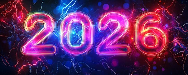 Glowing neon digits against electric storm numbers