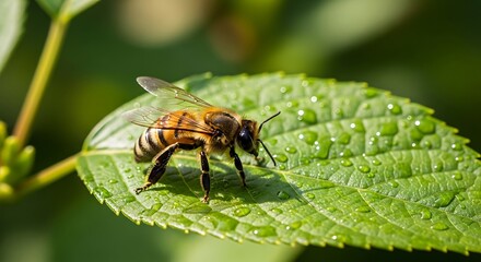 Fototapeta premium Honeybee resting on a vibrant green leaf with water droplets.