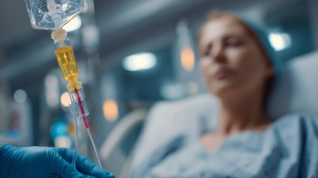 Healthcare professional adjusting an IV drip in close-up, hospital bed and equipment blurred in the background