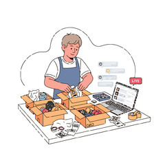 Young man packing products for live selling