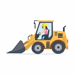 Cartoon Loader with Female Operator in Yellow Hard Hat Driving