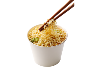 Hot noodles lifted with wooden chopsticks from white cup ramen food image, Isolated On Png Transparent Background