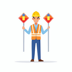 Smiling Construction Worker Holding Road Signs Safety and Guidance