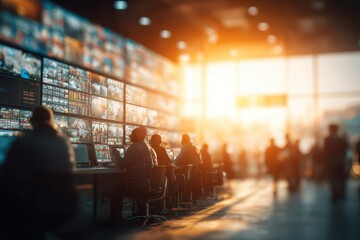 Busy control room operators monitoring multi-screen displays and data streams.