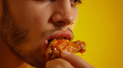 Intense close-up of a man biting into a crispy chicken wing, sauce smeared on his lips, set against a bold yellow backdrop for a pop-art inspired fast food emotion shot.