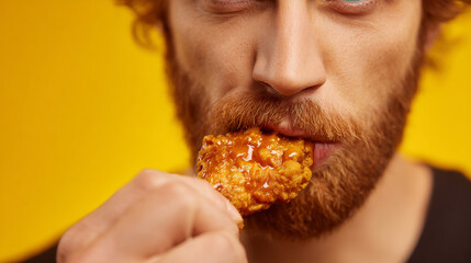 Intense close-up of a man biting into a crispy chicken wing, sauce smeared on his lips, set against a bold yellow backdrop for a pop-art inspired fast food emotion shot.