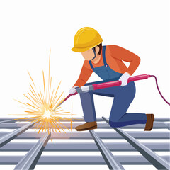 Kneeling Welder Sparks Fly Cartoon Style Construction Worker at Work