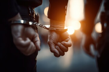 Close-up view of hands in metal handcuffs, symbolizing justice, law enforcement, and crime.