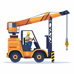 Cartoon Style Construction Crane with Worker in Yellow Hardhat and Safety Vest