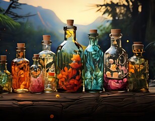 Bottles filled with plants, sunset backdrop