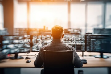 Focused man monitoring multiple security screens in a bright, modern control room.