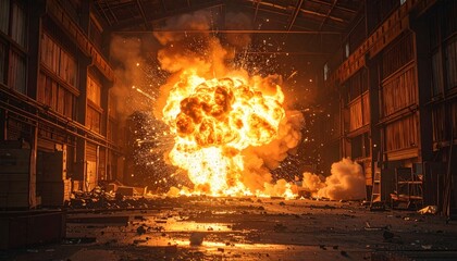 Dramatic Explosion in Abandoned Warehouse with Fiery Flames and Debris