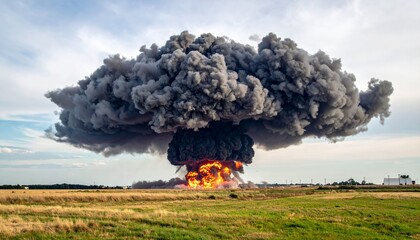 Majestic Explosion and Smoke Cloud Over a Scenic Landscape Scene
