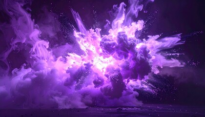 Colorful Purple Explosion with Smoke and Particles in Dark Background