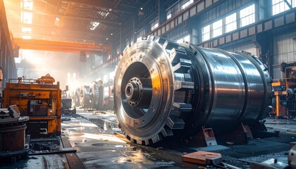 Industrial Machinery in Workshop with Bright Sunlight Beams