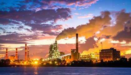 Industrial Landscape at Sunset with Smoke and Bright Sky Colors