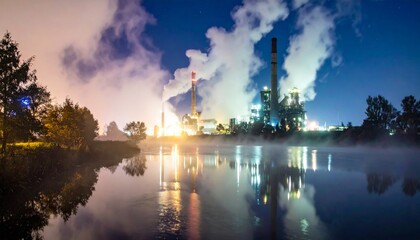 Nighttime Industrial Scene with Reflections and Smoke over Water