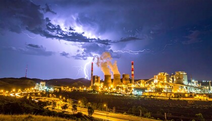 Thunderstorm Over Industrial Power Plant with Lightning and Smoke