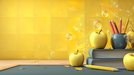 Back to School: Yellow Apples, Books, and Pencils - Education Theme