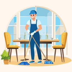 Fototapeta premium Smiling Janitor Sweeping Restaurant Floor with Two Brooms and Blue Uniform