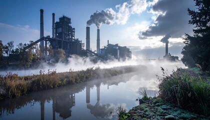 Industrial Factory with Emissions and Reflection in Calm Water