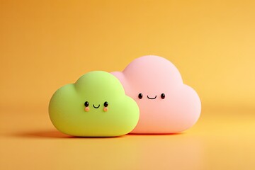 Two kawaii clouds, light pastel green and pink, on a plain, warm orange background