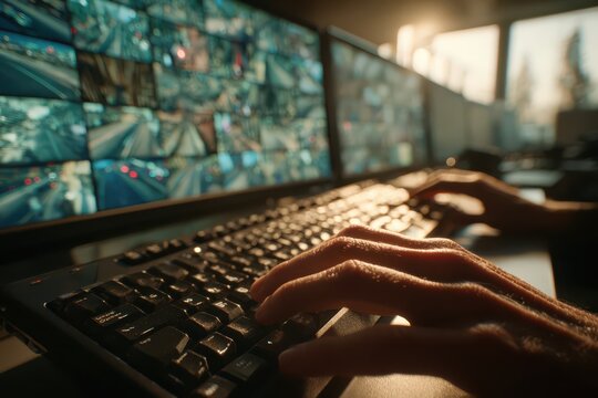 Operator's hands typing, monitoring live traffic on multiple screens.