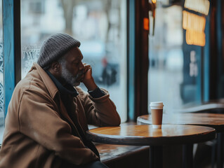 Lonely melancholic sad poor old elderly black man sitting in an urban cafe pub at a table looking by the window alone with a coffee on a table