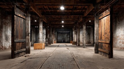 Naklejka premium Spacious Vintage Warehouse Interior with Wooden Support Beams, Brick Walls, and Concrete Floors, Providing Ample Storage