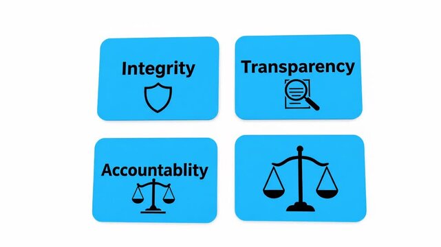 Integrity, transparency, accountability and justice are the core values represented by simple symbols on blue blocks, conveying trust and ethical conduct.