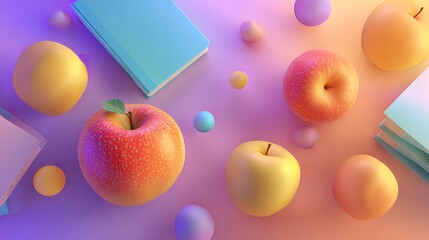 Vibrant Apple & Book Composition: A Stunning 3D Render