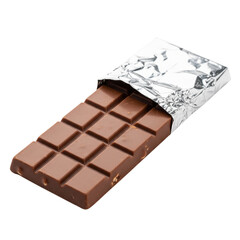 Milk chocolate bar partially unwrapped isolated on transparent background