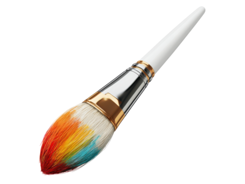 Vivid multicolored paint brush white handle gold ferrule artist image, Isolated On Png Transparent Background