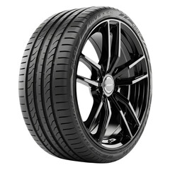 Close up of a modern car tire and alloy wheel isolated on transparent background