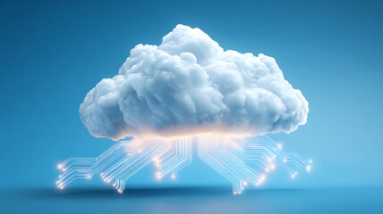 Cloud computing concept featuring a white cloud connected with digital network cables on a blue background.