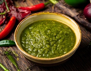 Bowl of vibrant green sauce on a rustic wooden table