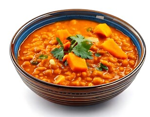 Bowl of vibrant orange lentil soup with chunks of pumpkin