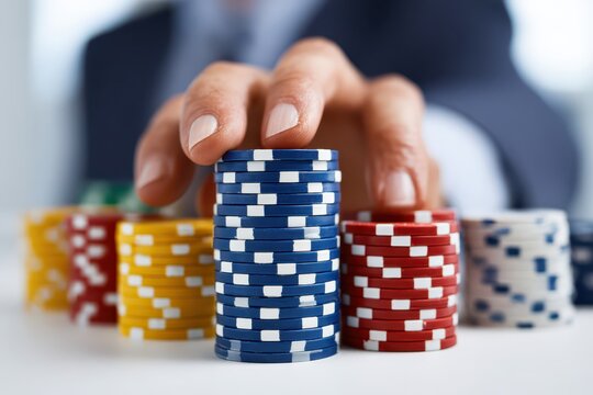 A close-up shot of stacks of colorful casino chips on a table, with a man's hand reaching toward them in a high-stakes game of chance and skill.