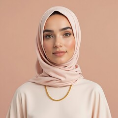 Smiling Woman Wearing Peach Hijab and Gold Necklace on Neutral Background